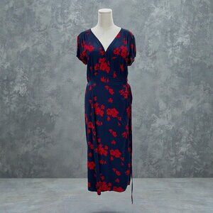 Womens Wrap Dress Red‎ Floral Navy Midi V Neck Cottagecore Soft Girl Preppy M